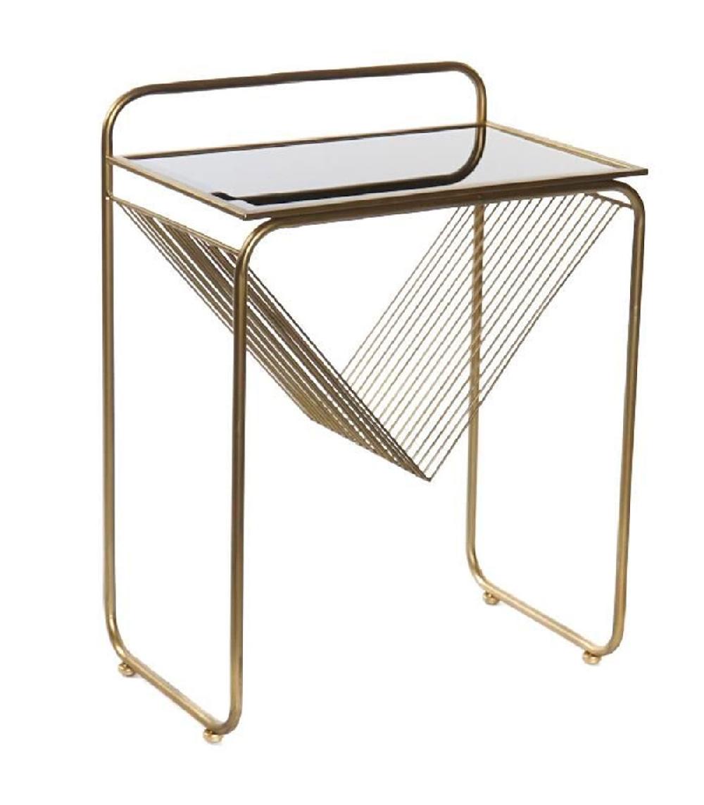 wadiga Table d'appoint porte-revues en métal doré et verre noir - 48x30x63cm