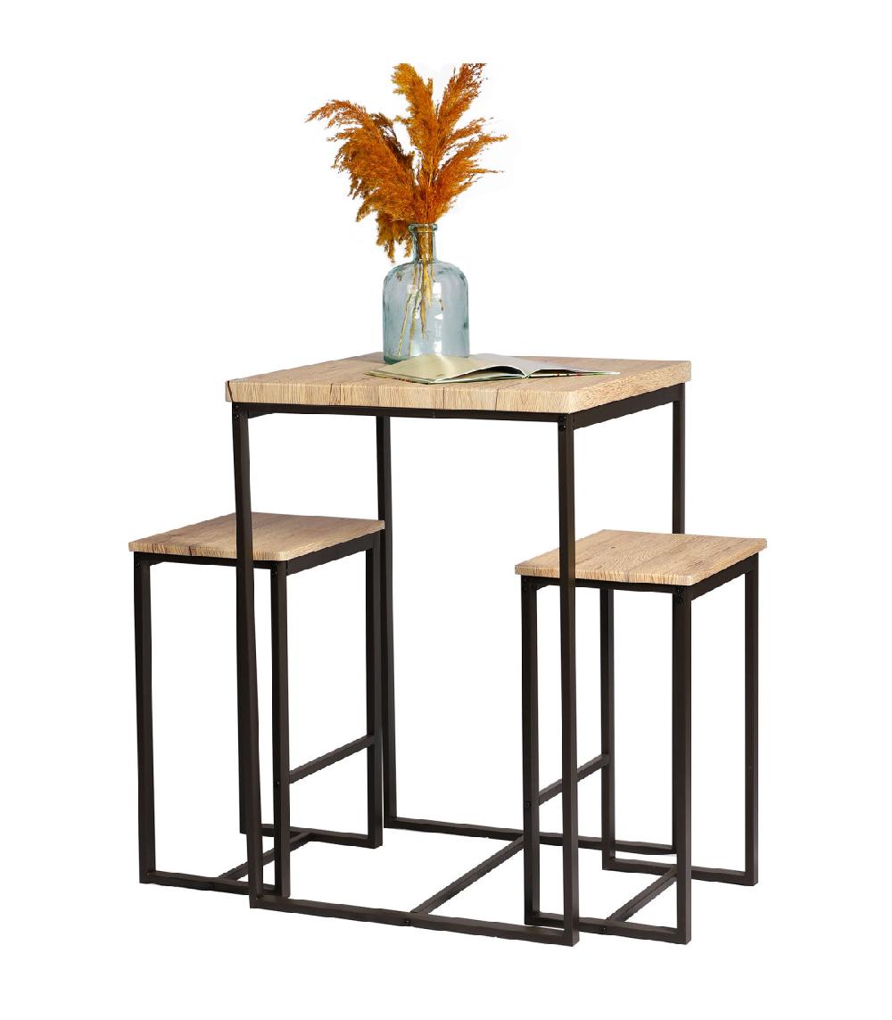 Wadiga Table De Bar + 2 Tabourets De Bar En Bois Et Métal Noir