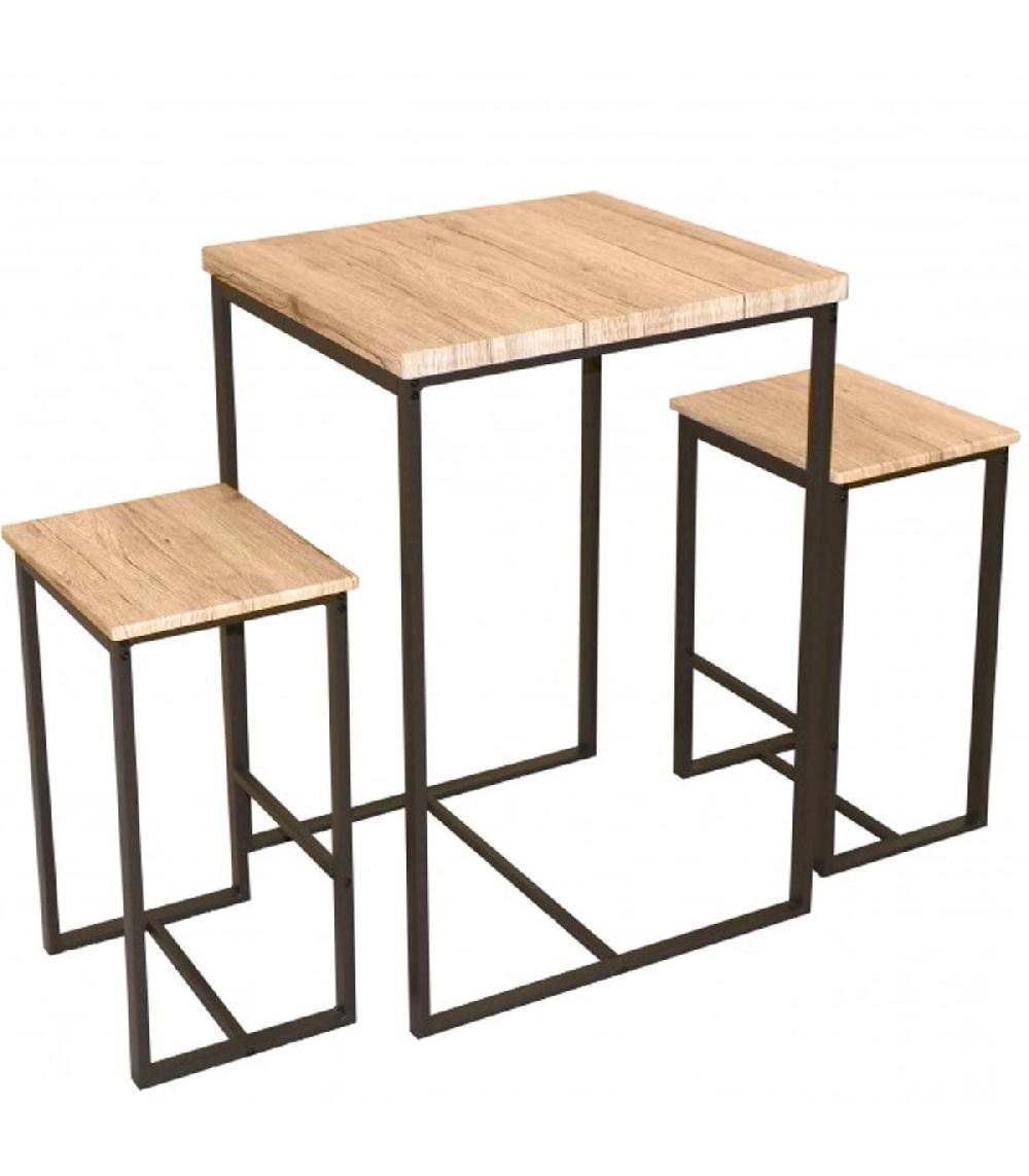wadiga Table de Bar + 2 Tabourets de Bar en Bois et Métal Noir