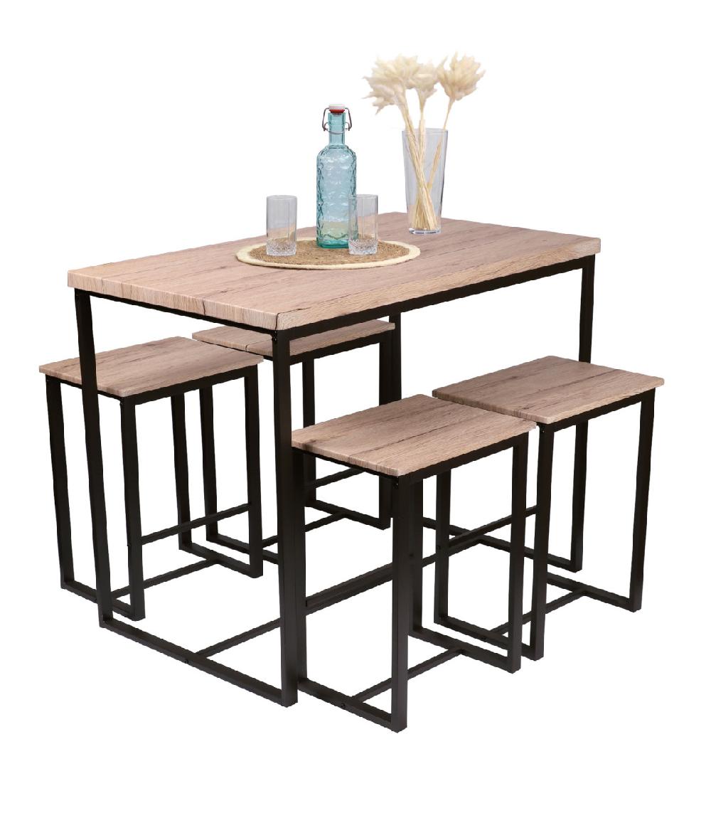 Wadiga Table De Bar + 4 Tabourets De Bar En Bois Et Métal Noir