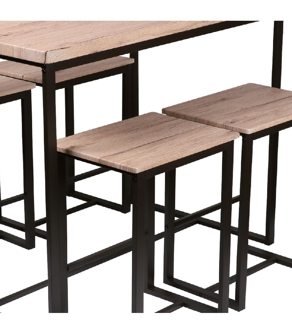 Wadiga Table De Bar + 4 Tabourets De Bar En Bois Et Métal Noir