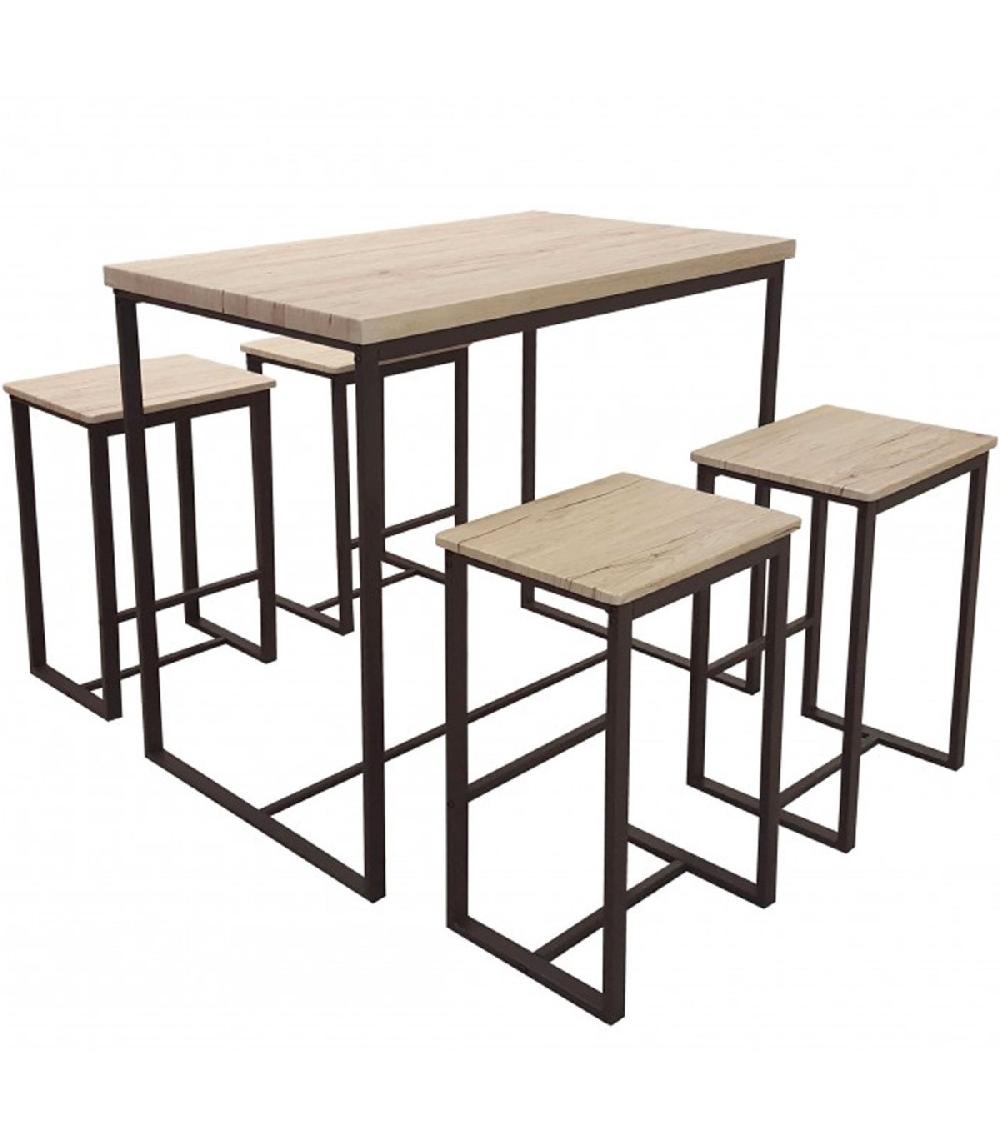 wadiga Table de Bar + 4 Tabourets de Bar en Bois et Métal Noir