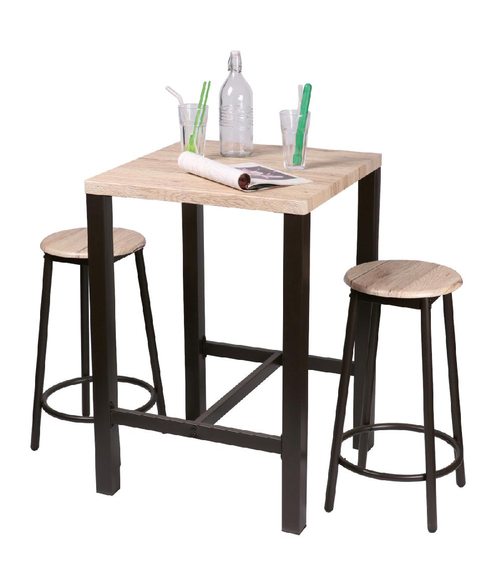Wadiga Table De Bar Carrée + 2 Tabourets De Bar En Bois Et Métal Noir