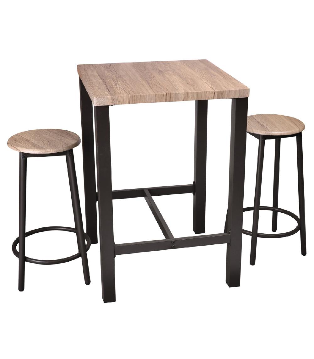wadiga Table de Bar Carrée + 2 Tabourets de Bar en Bois et Métal Noir