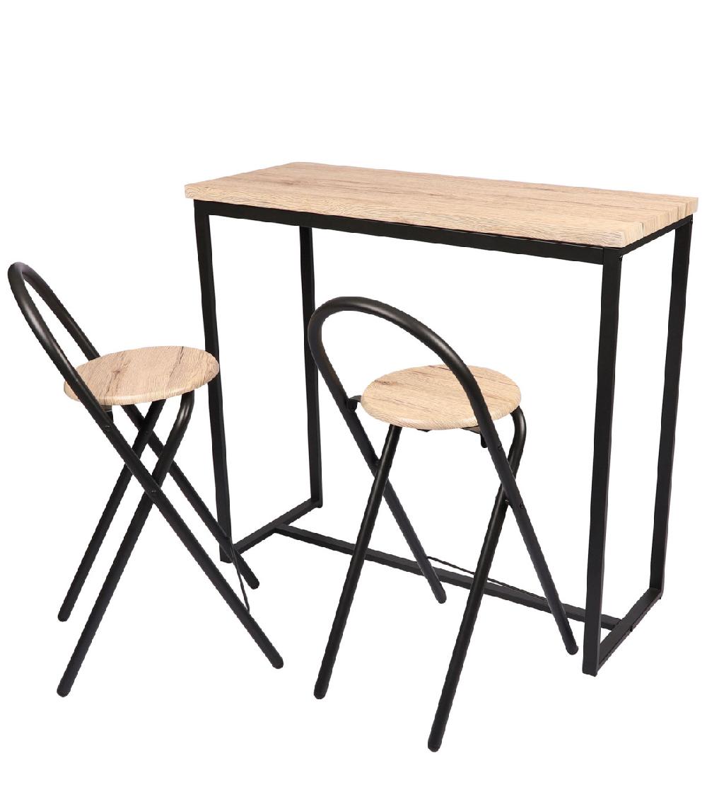 wadiga Table de bar murale + 2 chaises de bar bois et métal noir 100x40x90cm