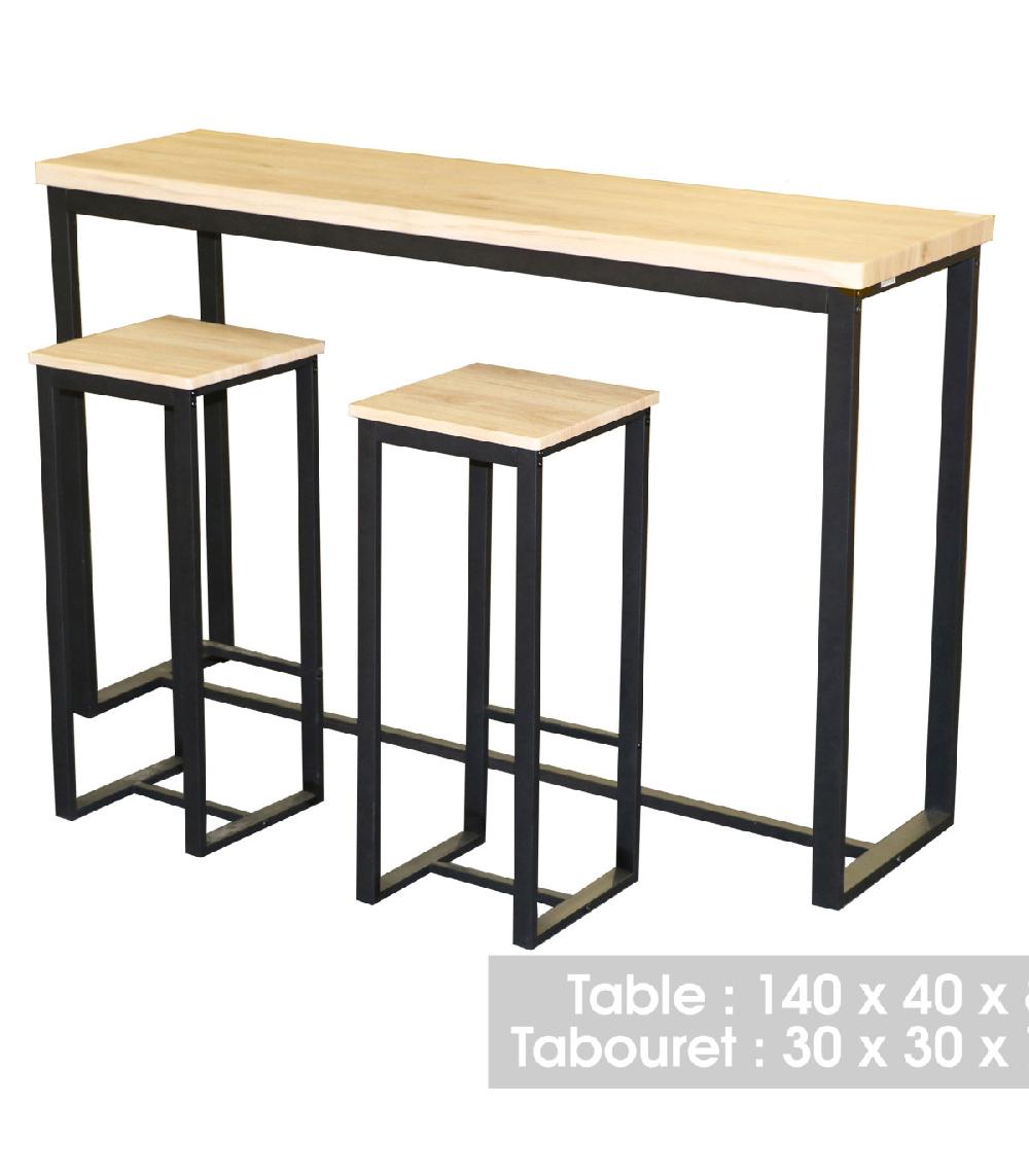 Wadiga Table De Bar Murale + 2 Tabourets De Bar Bois Et Métal Noir