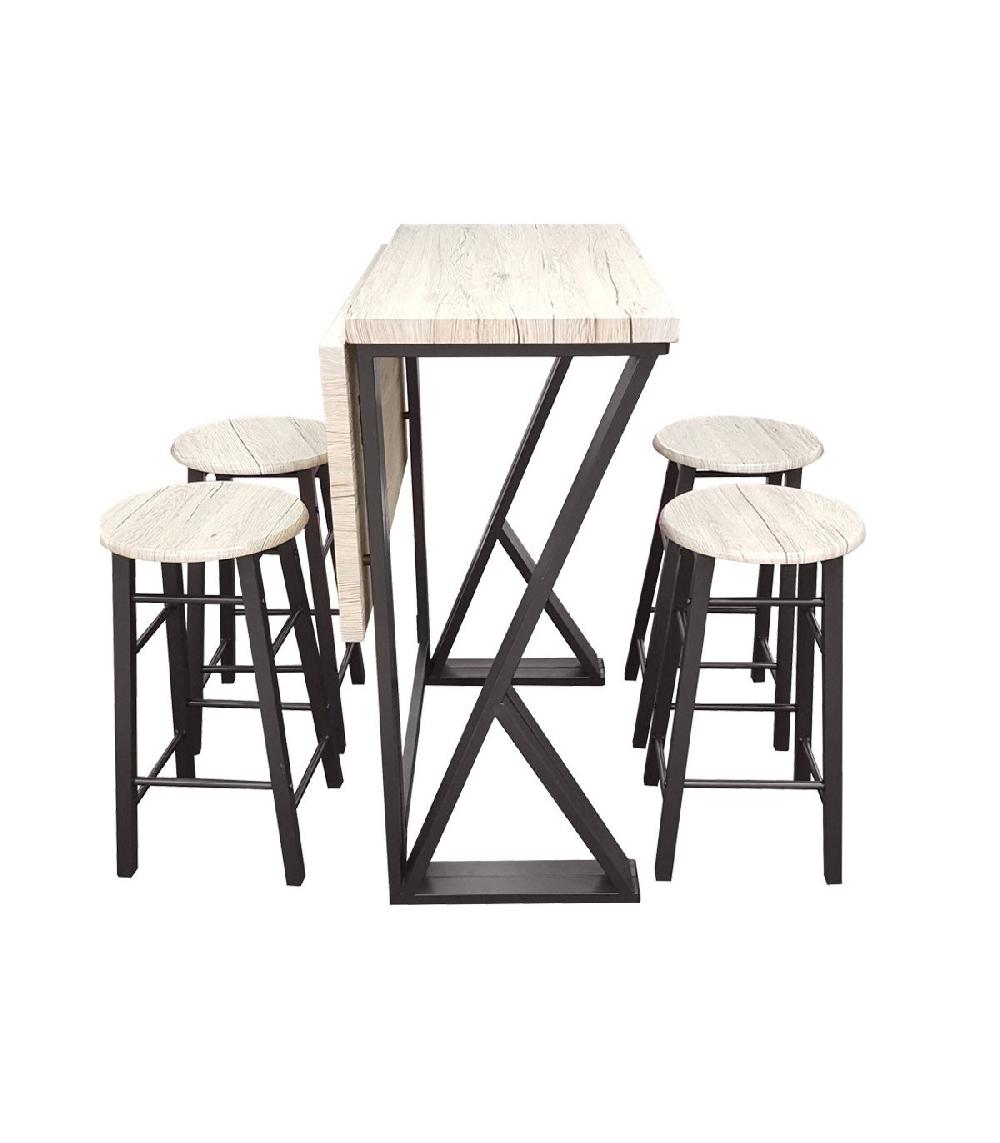 Wadiga Table De Bar Pliable + 4 Tabourets De Bar En Bois Et Métal Noir