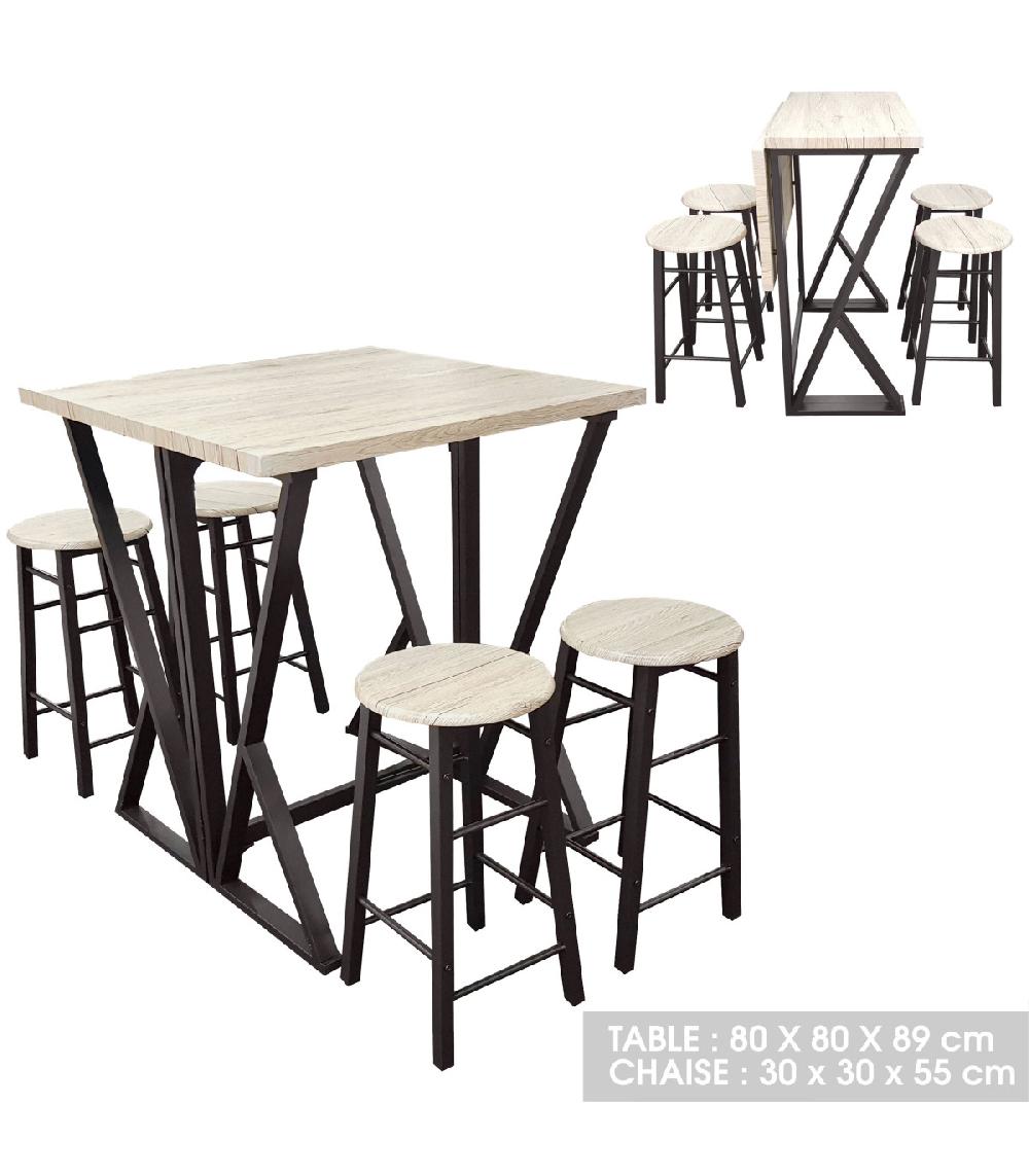 Wadiga Table De Bar Pliable + 4 Tabourets De Bar En Bois Et Métal Noir
