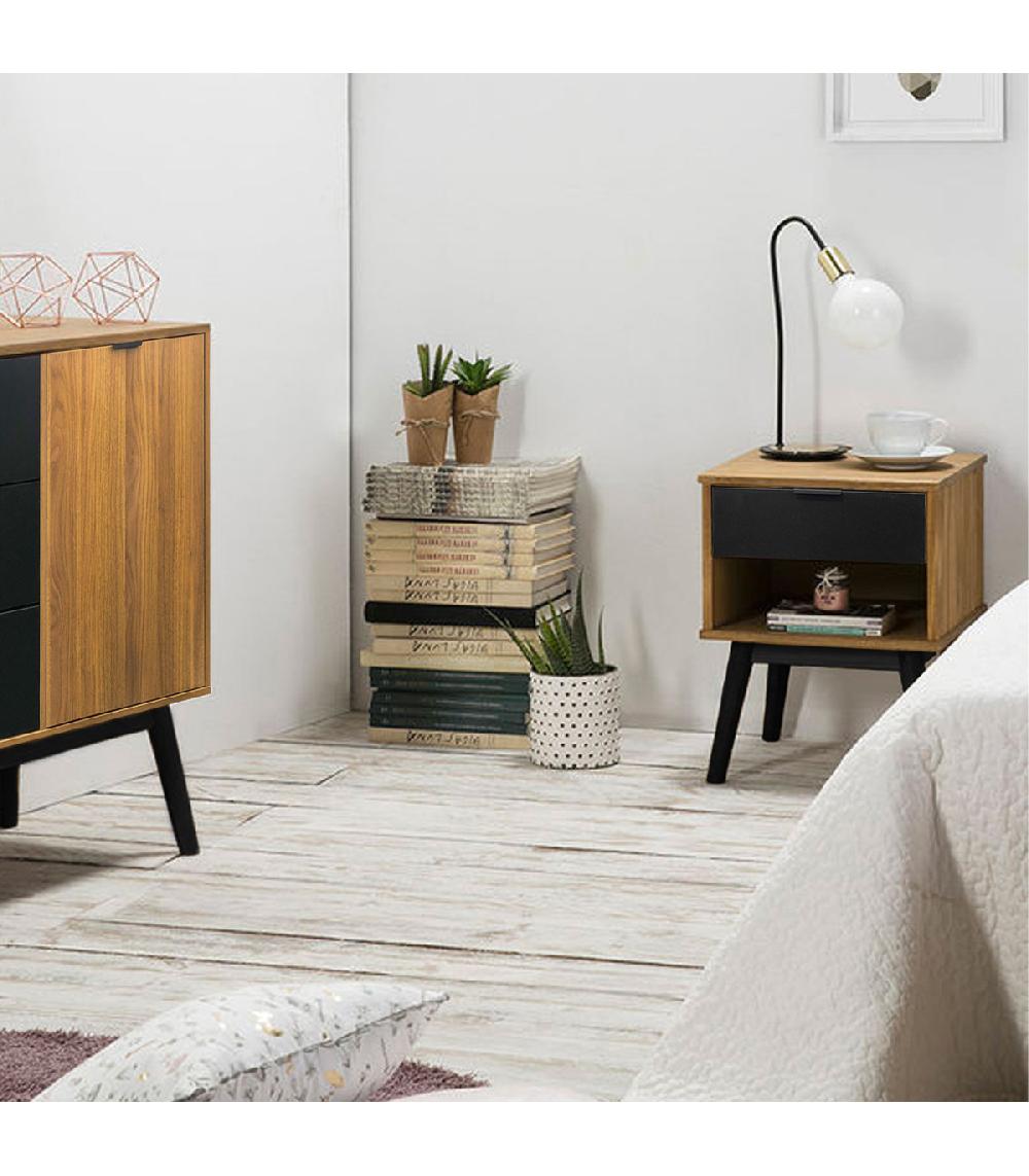 Wadiga Table De Chevet Bois Et Noir 1 Tiroir 40x40x52cm