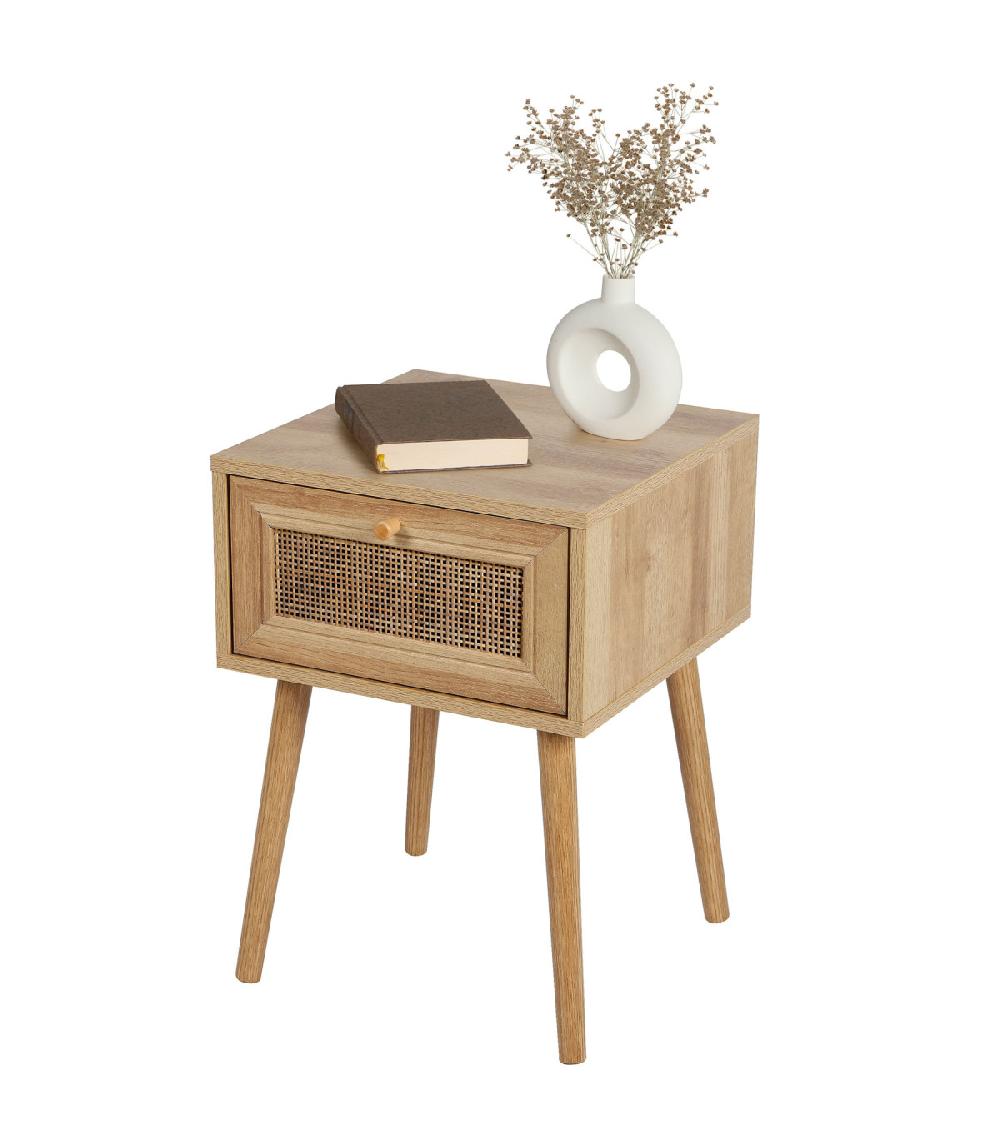 Wadiga Table De Chevet Effet Bois 1 Tiroir Rotin 39x39x55cm