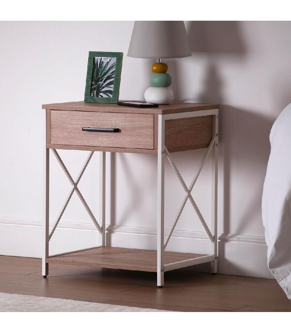 Wadiga Table De Chevet Effet Bois Et Métal Blanc 48x40x60cm