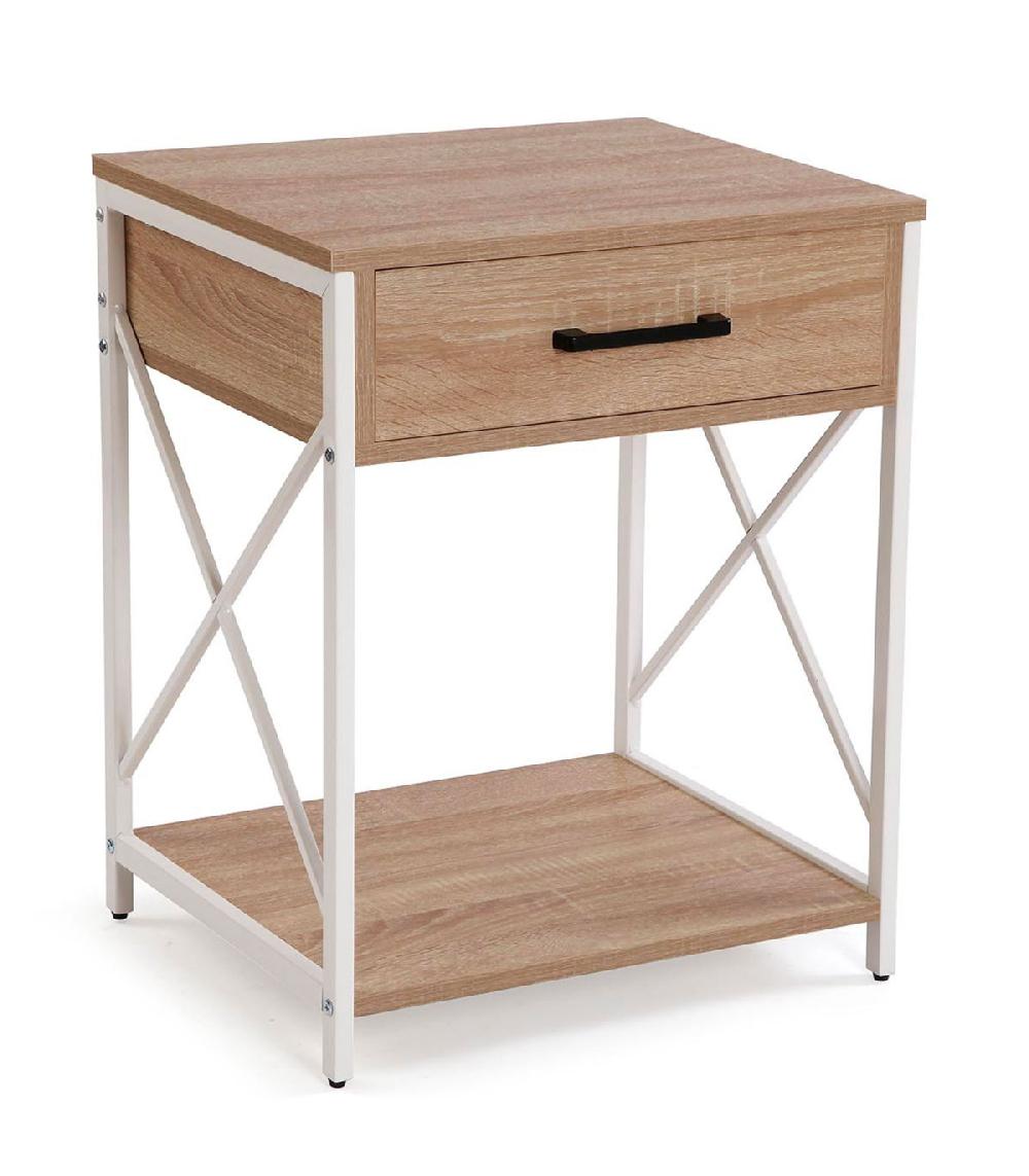 wadiga Table de chevet effet bois et métal blanc 48x40x60cm