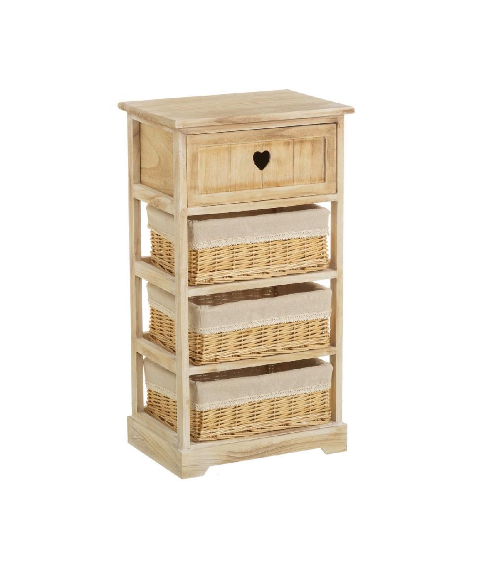 wadiga Table de Chevet en Bois 1 Tiroir + 3 Paniers Country - 40x29x73cm
