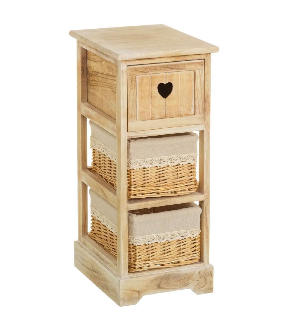 wadiga Table de chevet en bois 1 tiroir et 2 paniers country 26x32x63cm