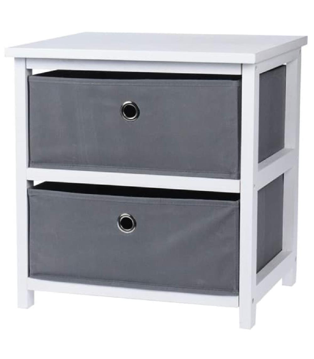 wadiga Table de chevet en bois blanc 2 tiroirs gris toile