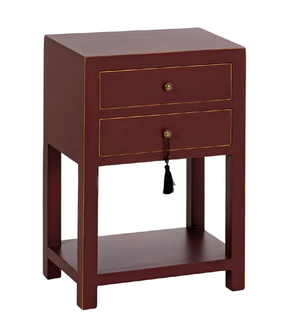 wadiga Table de chevet en bois rouge bordeaux et détails dorés 45x30x66cm