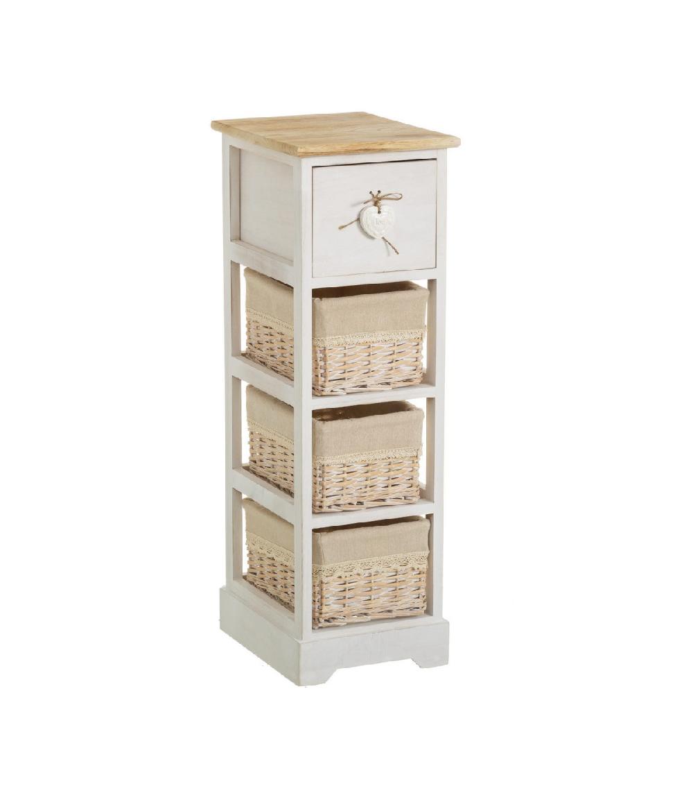 wadiga Table de Chevet Étroite Bois 1 Tiroir + 3 Paniers - 26x32x81cm