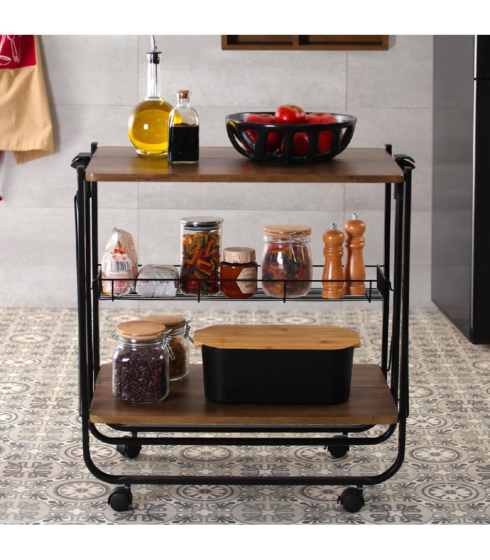 Wadiga Table Roulante Pliable Noir Et Effet Bois 68x40x70cm