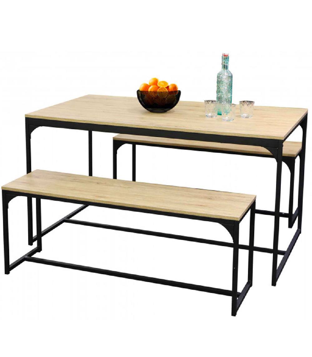 Wadiga Table Salle à Manger En Bois Et Métal + 2 Bancs