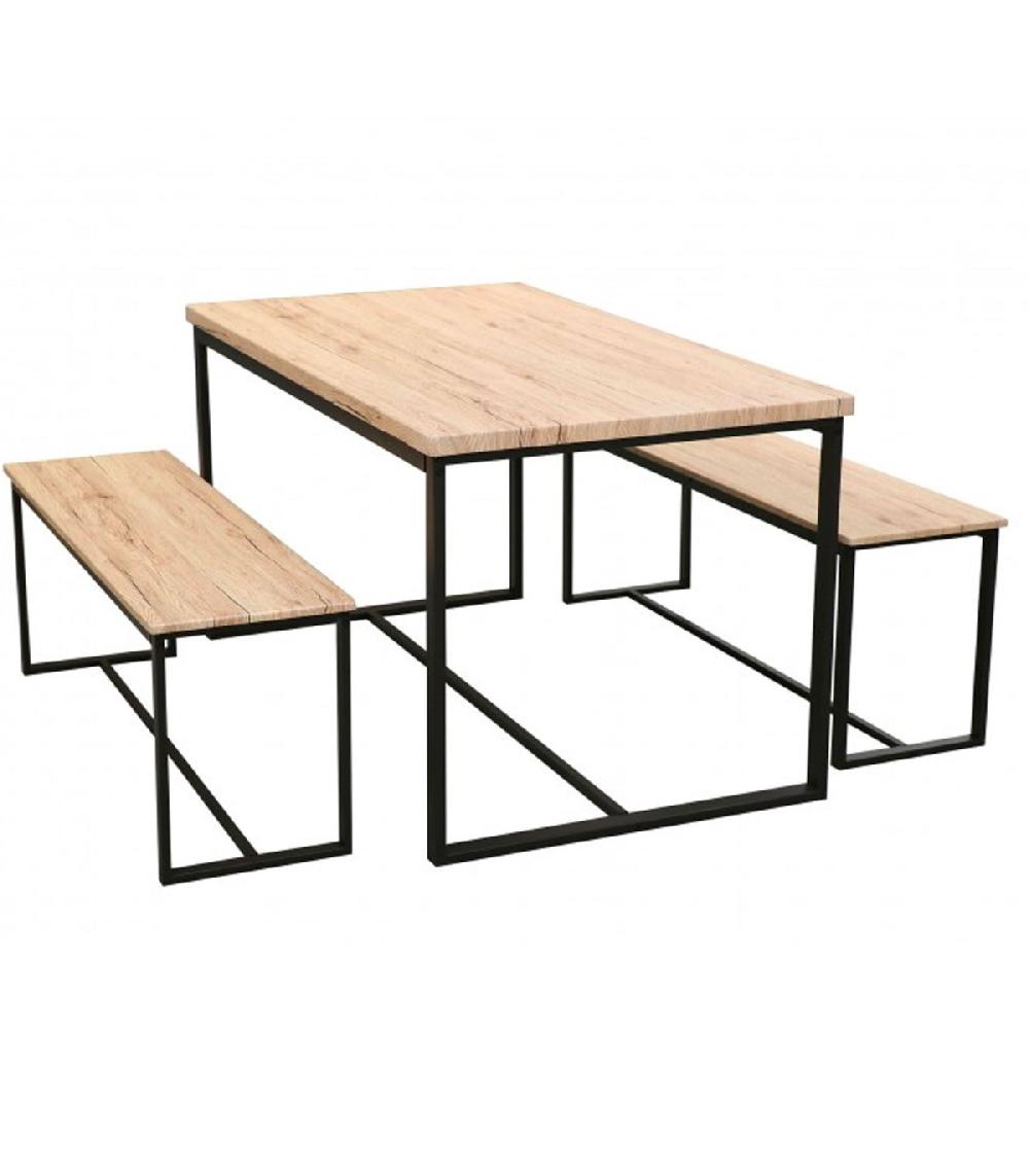 wadiga Table Salle à Manger en Bois et Métal + 2 Bancs