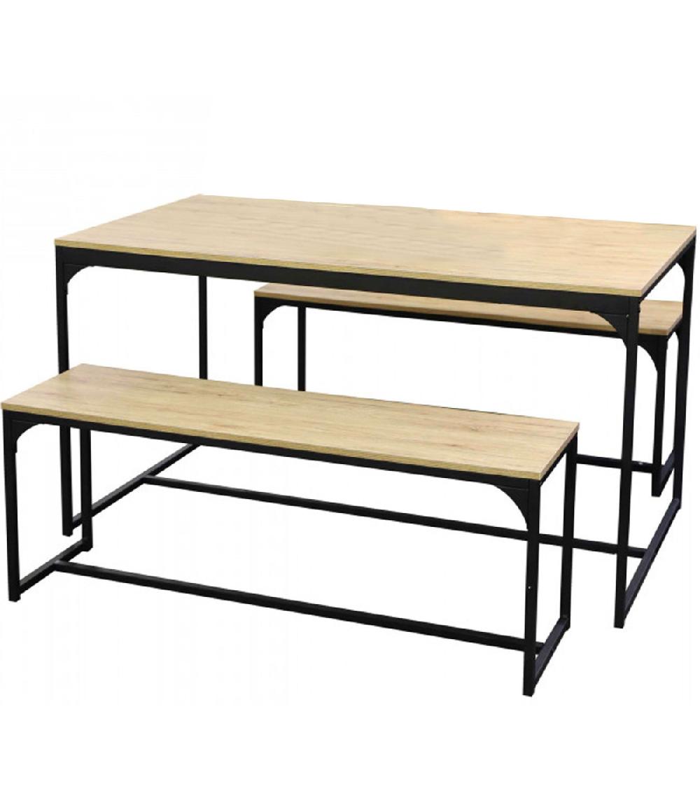 wadiga Table Salle à Manger en Bois et Métal + 2 Bancs