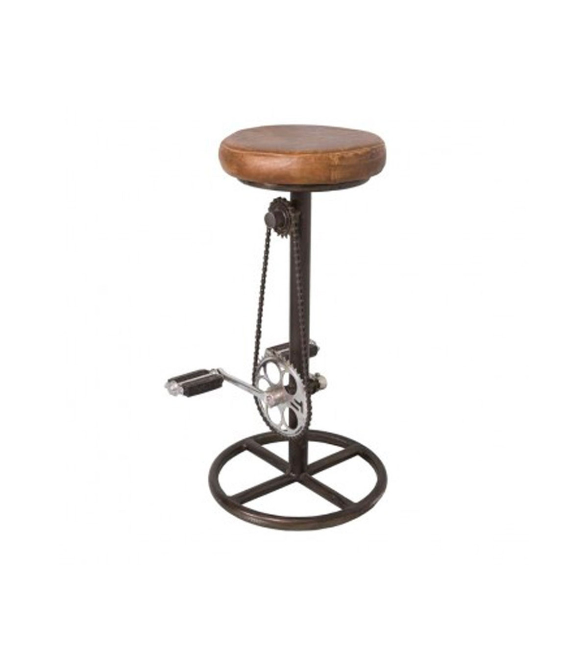 wadiga Tabouret de Bar en Métal Noir et Assise Cuir Cycliste - Ø38cm ↕ 73cm