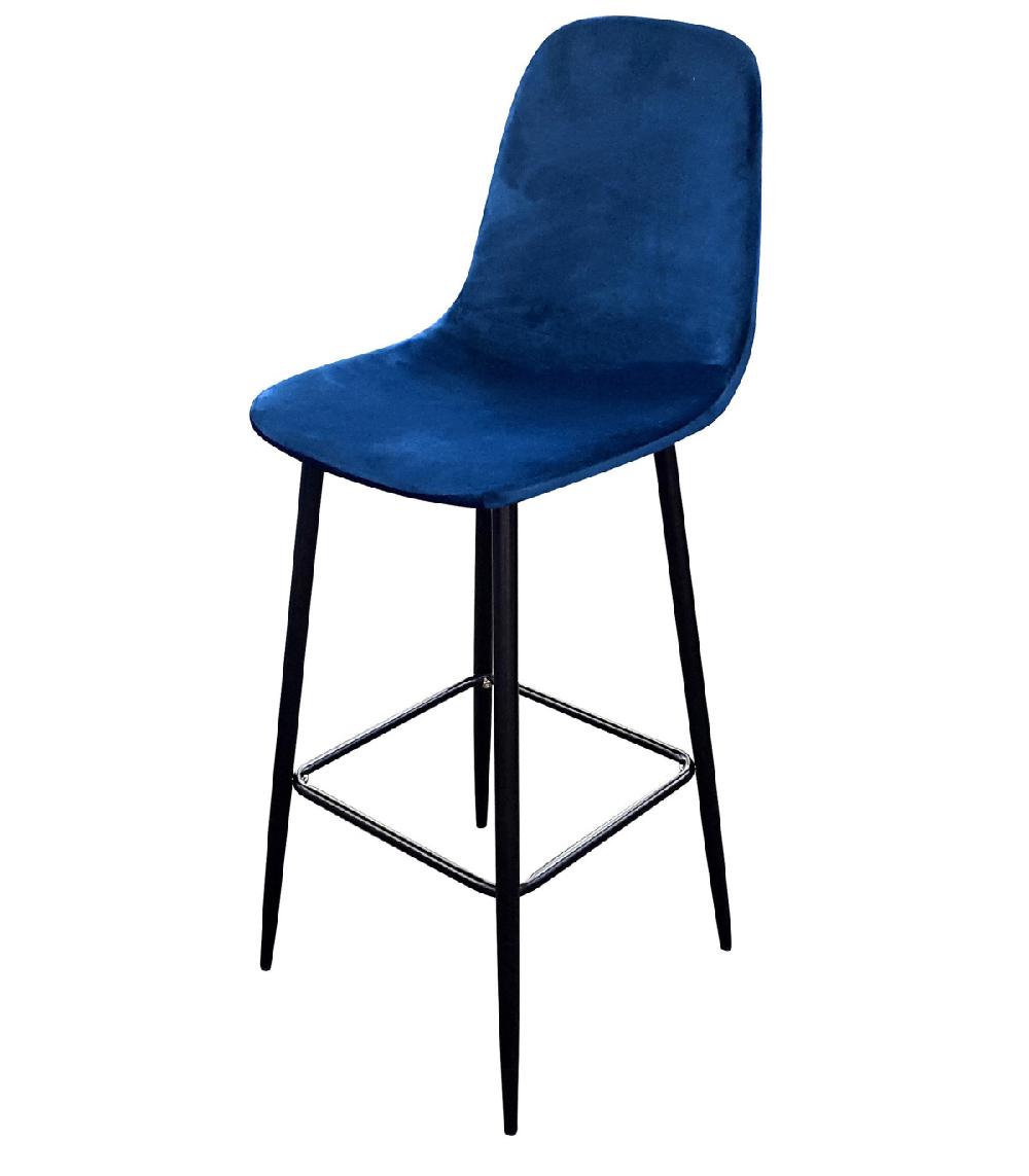 wadiga Tabouret de Bar Métal Noir et Assise Velours Bleu - 42x47x108cm