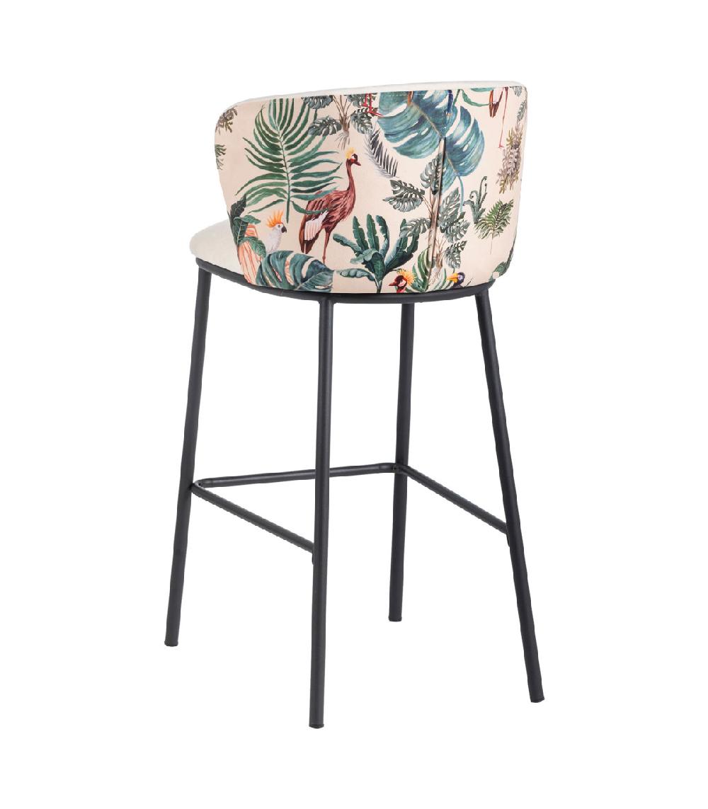 Wadiga Tabouret De Bar Velours Motif Feuillage Et Métal Noir 53x54x98cm