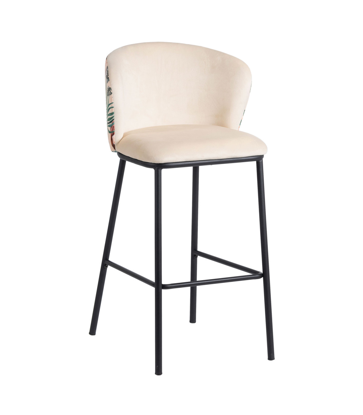 Wadiga Tabouret De Bar Velours Motif Feuillage Et Métal Noir 53x54x98cm