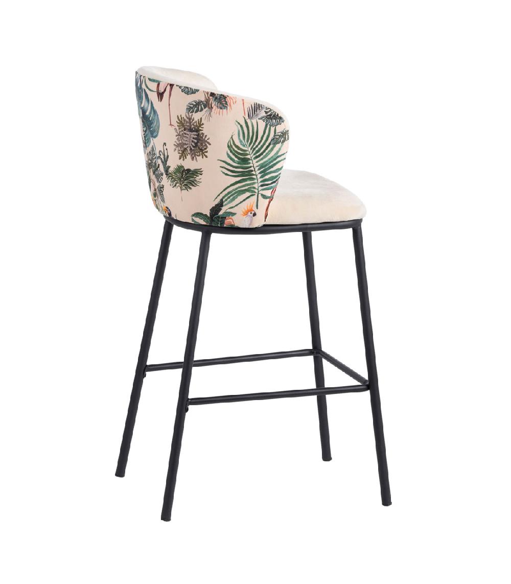 wadiga Tabouret de bar velours motif feuillage et métal noir 53x54x98cm