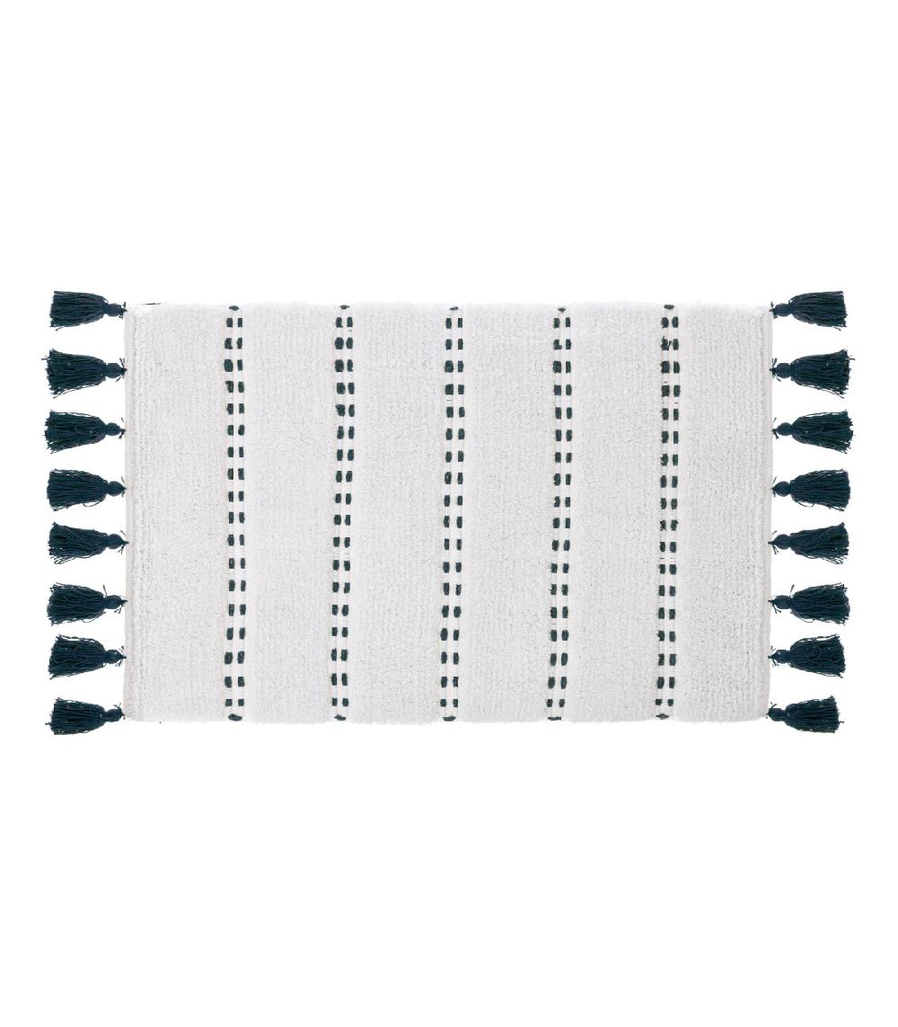 wadiga Tapis de bain à pompoms vert pétrole et blanc - 50x75cm