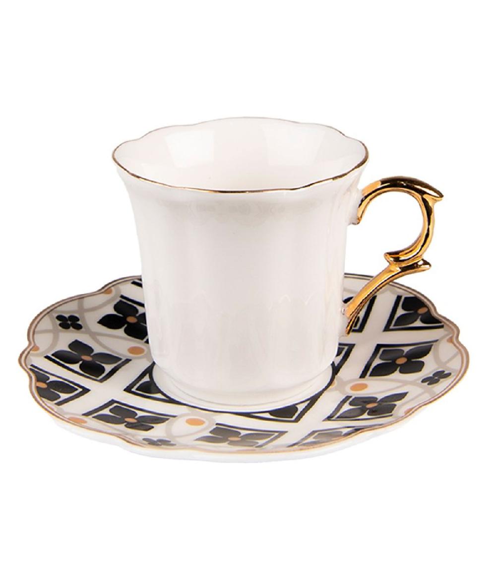 wadiga Tasse à café avec dessous de tasse en porcelaine blanc noir doré 95ml