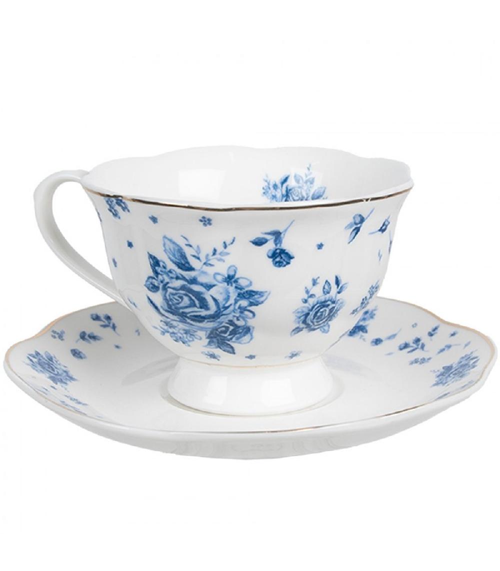 Wadiga Tasse Avec Dessous De Tasse En Porcelaine Blanche Motif Fleuri Bleu 200ml