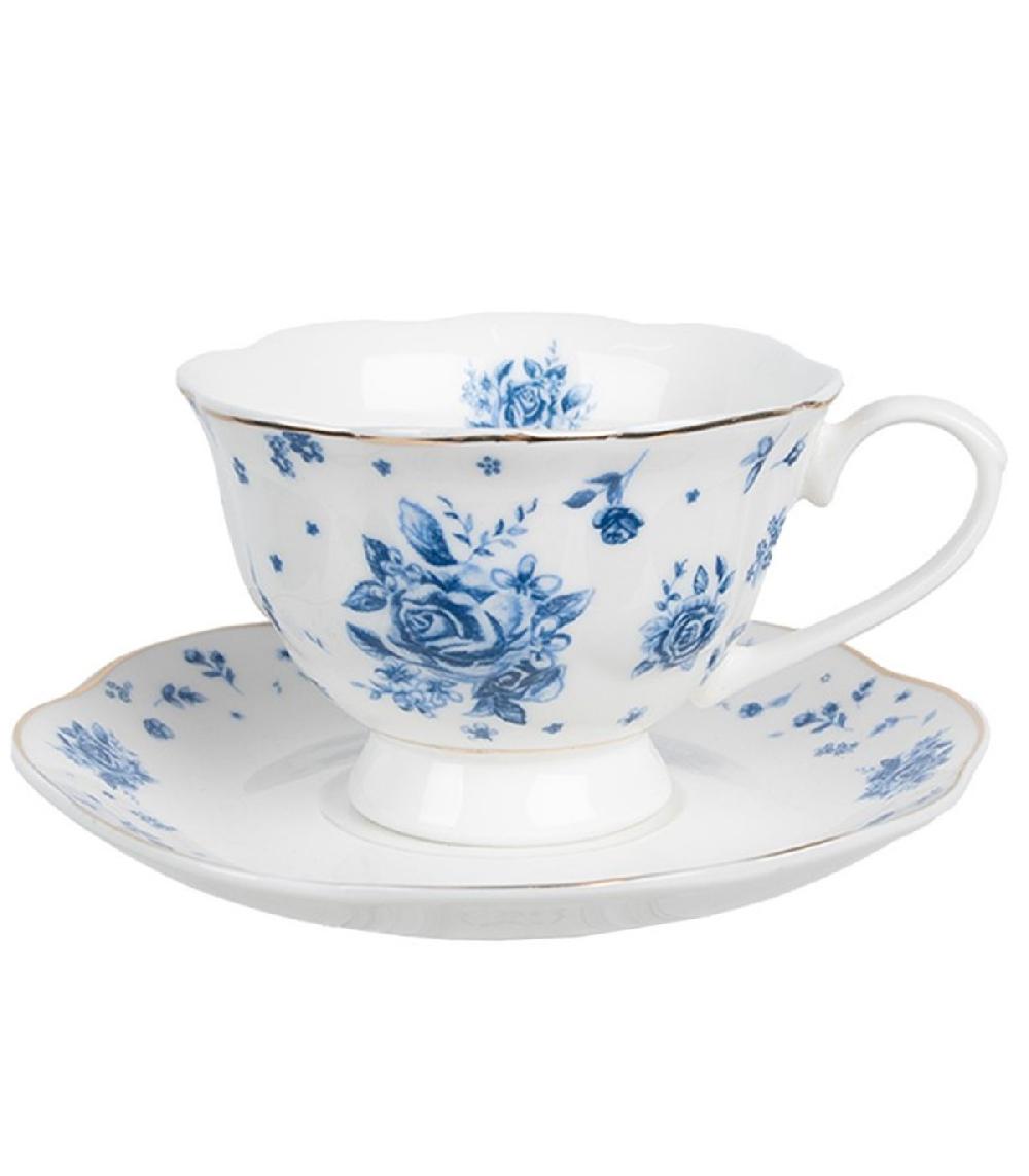 wadiga Tasse avec dessous de tasse en porcelaine blanche motif fleuri bleu 200ml
