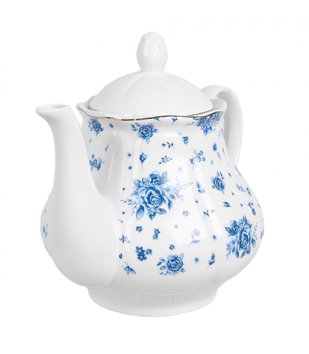 Wadiga Théière En Porcelaine Blanche Motif Fleuri Bleu 1L