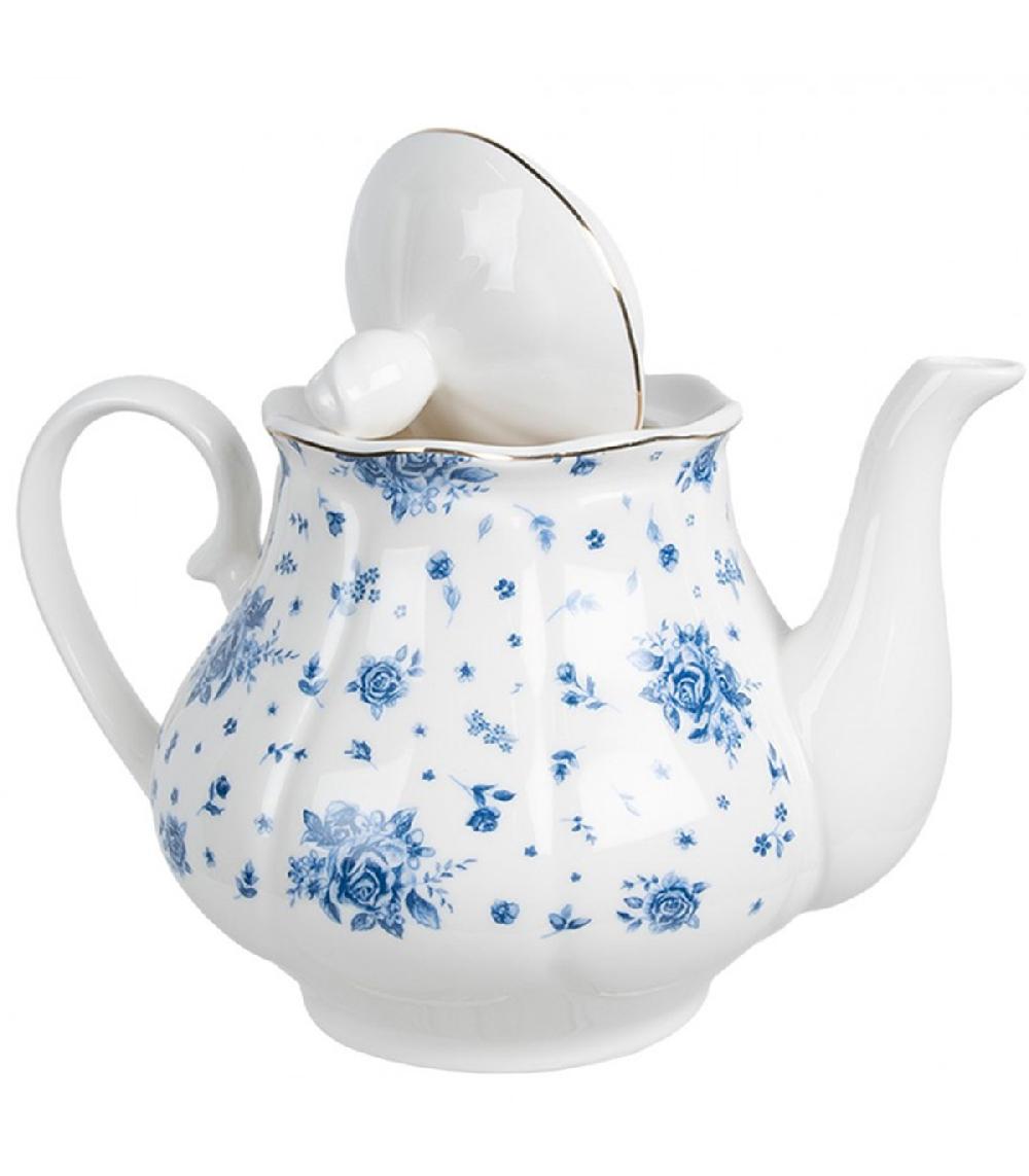 Wadiga Théière En Porcelaine Blanche Motif Fleuri Bleu 1L