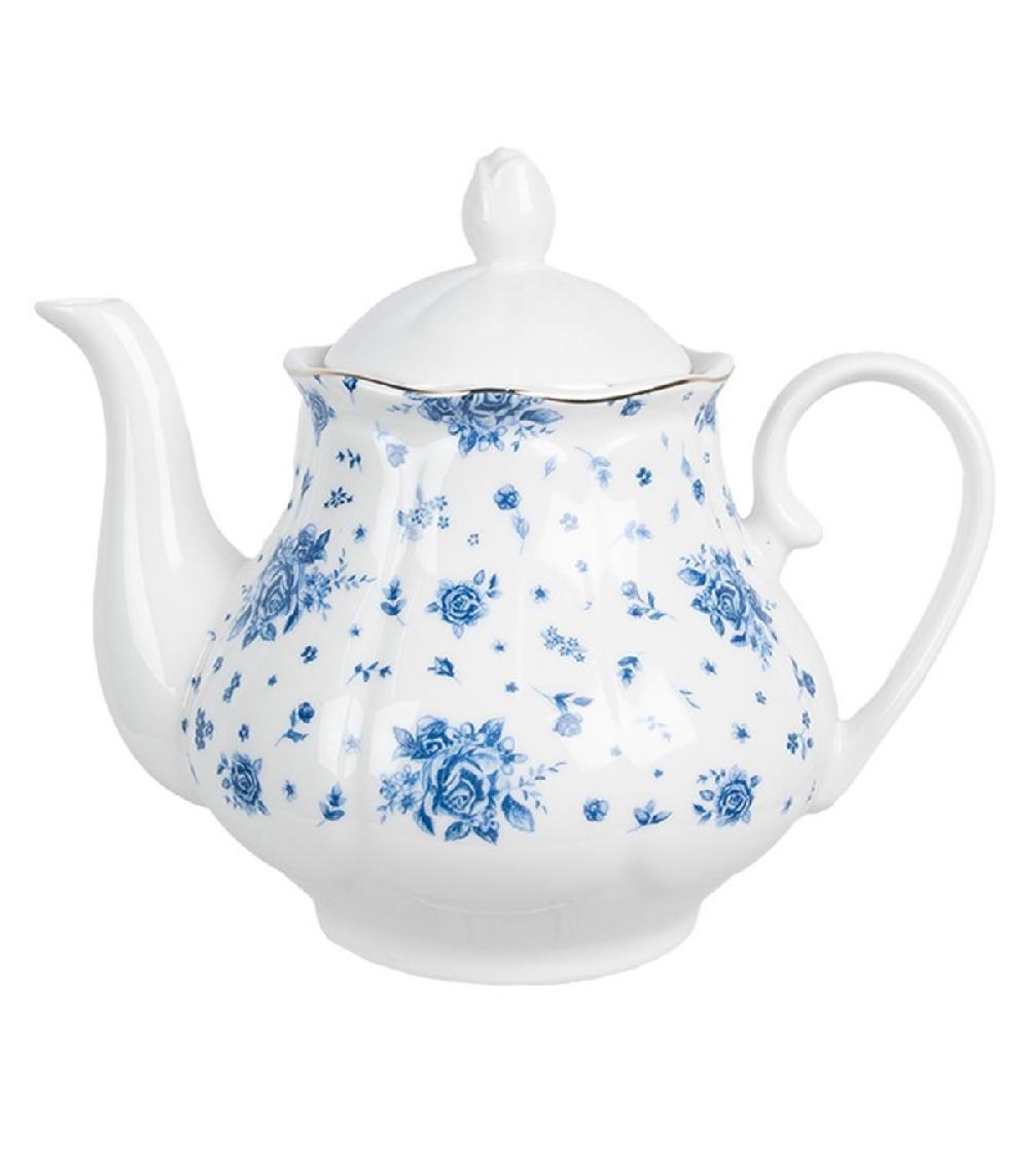 wadiga Théière en porcelaine blanche motif fleuri bleu 1L