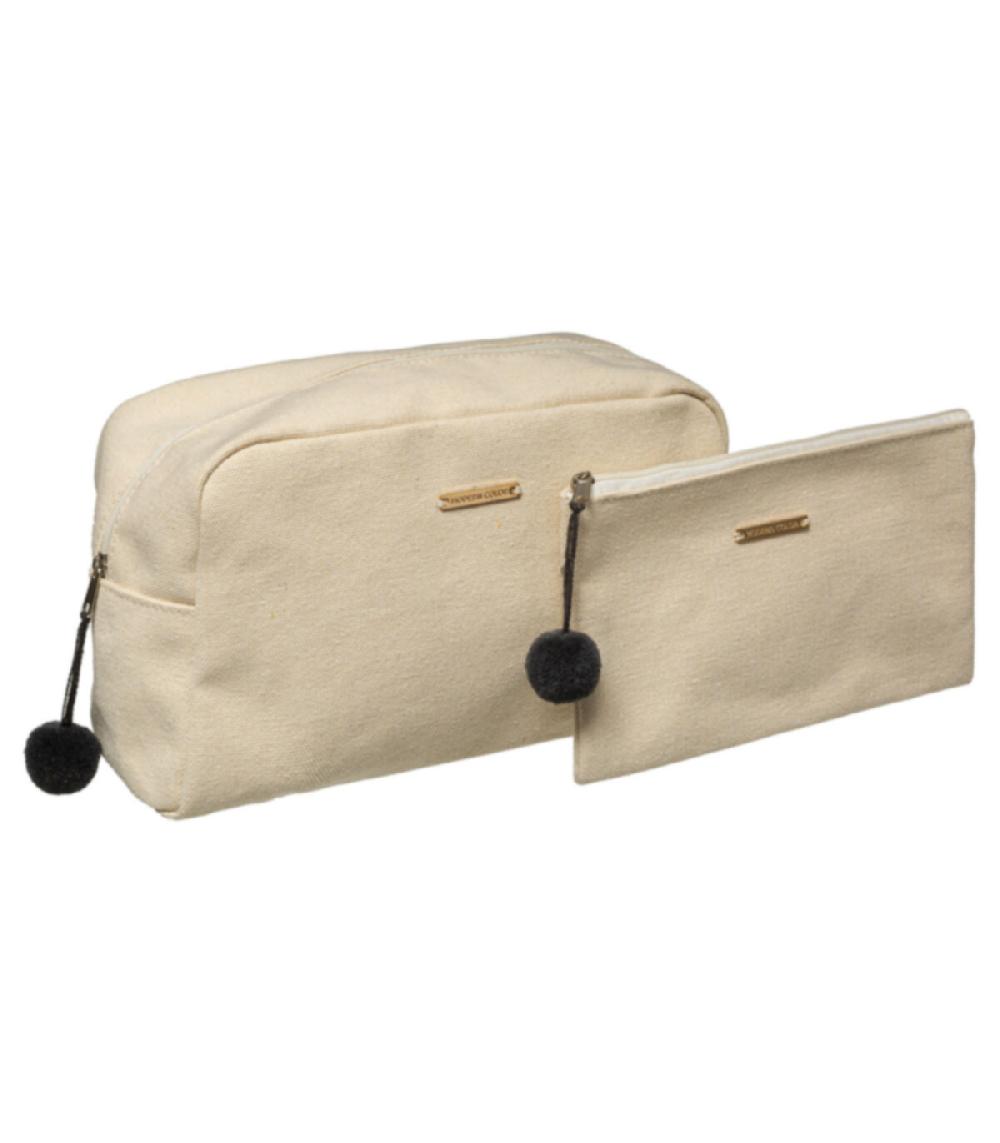 wadiga Trousse de toilette + pochette beige à pompoms