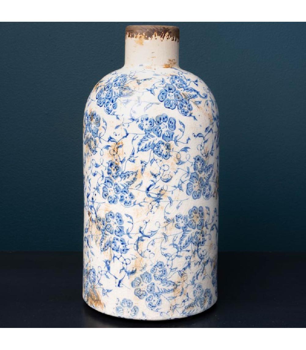 Wadiga Vase Floral En Grès Blanc Et Bleu 22x11x11cm