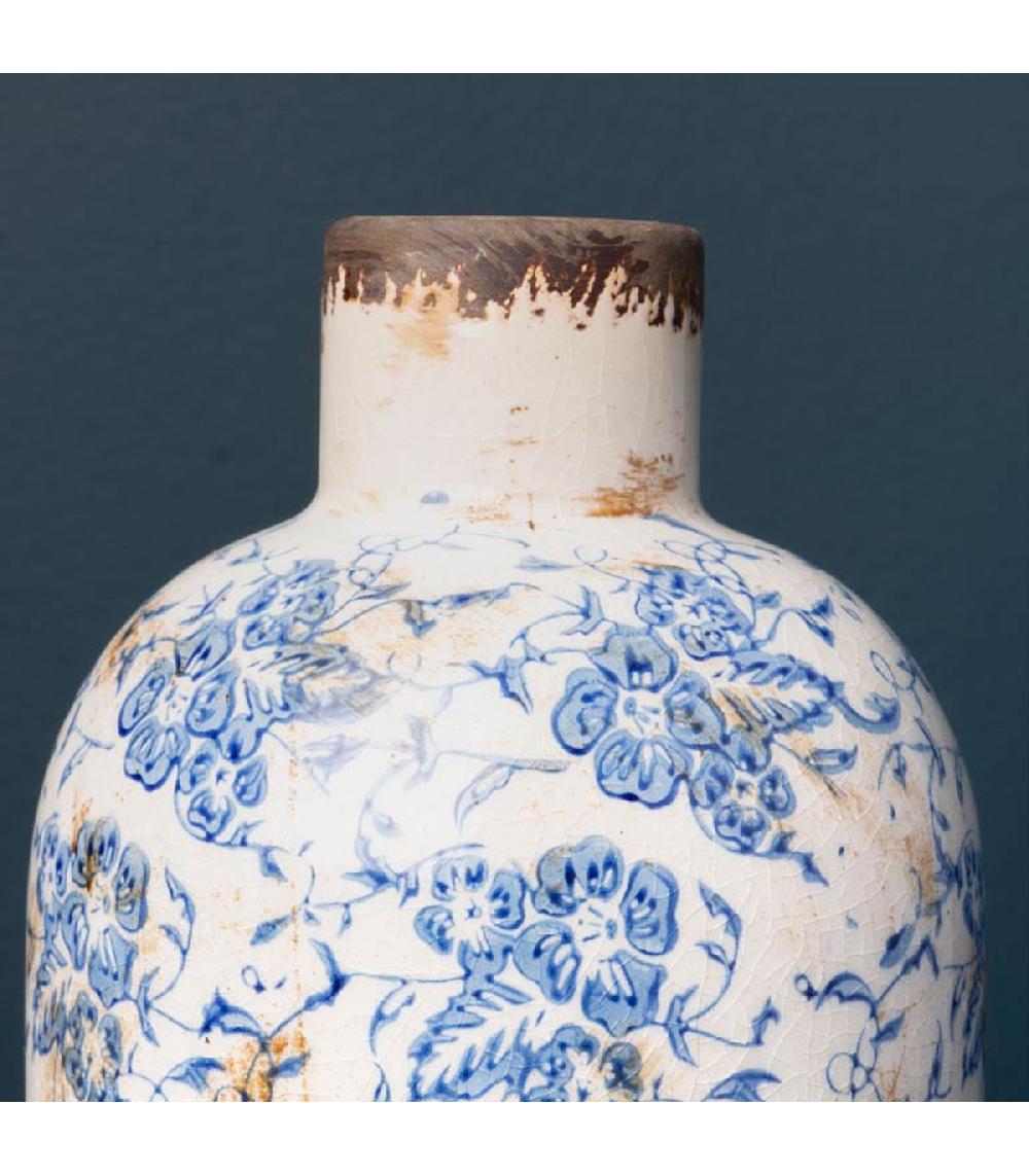 Wadiga Vase Floral En Grès Blanc Et Bleu 22x11x11cm