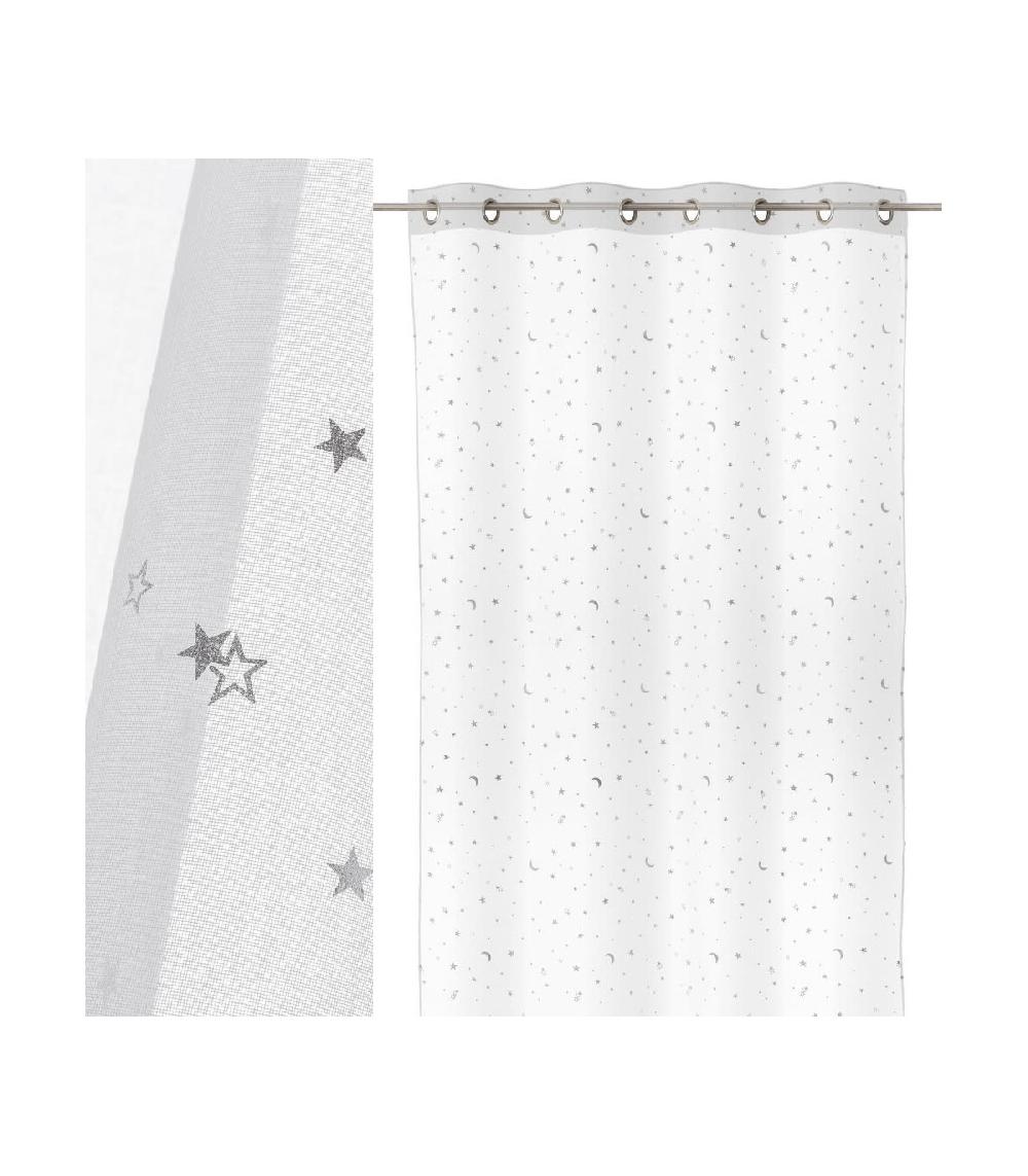 wadiga Voilage à Œillets Blanc Lunes et Étoiles Chambre Enfant - Longueur 260cm