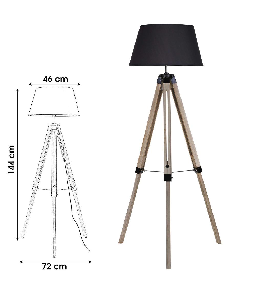 Wadiga Lampadaire Trépied Bois Abat-jour Noir