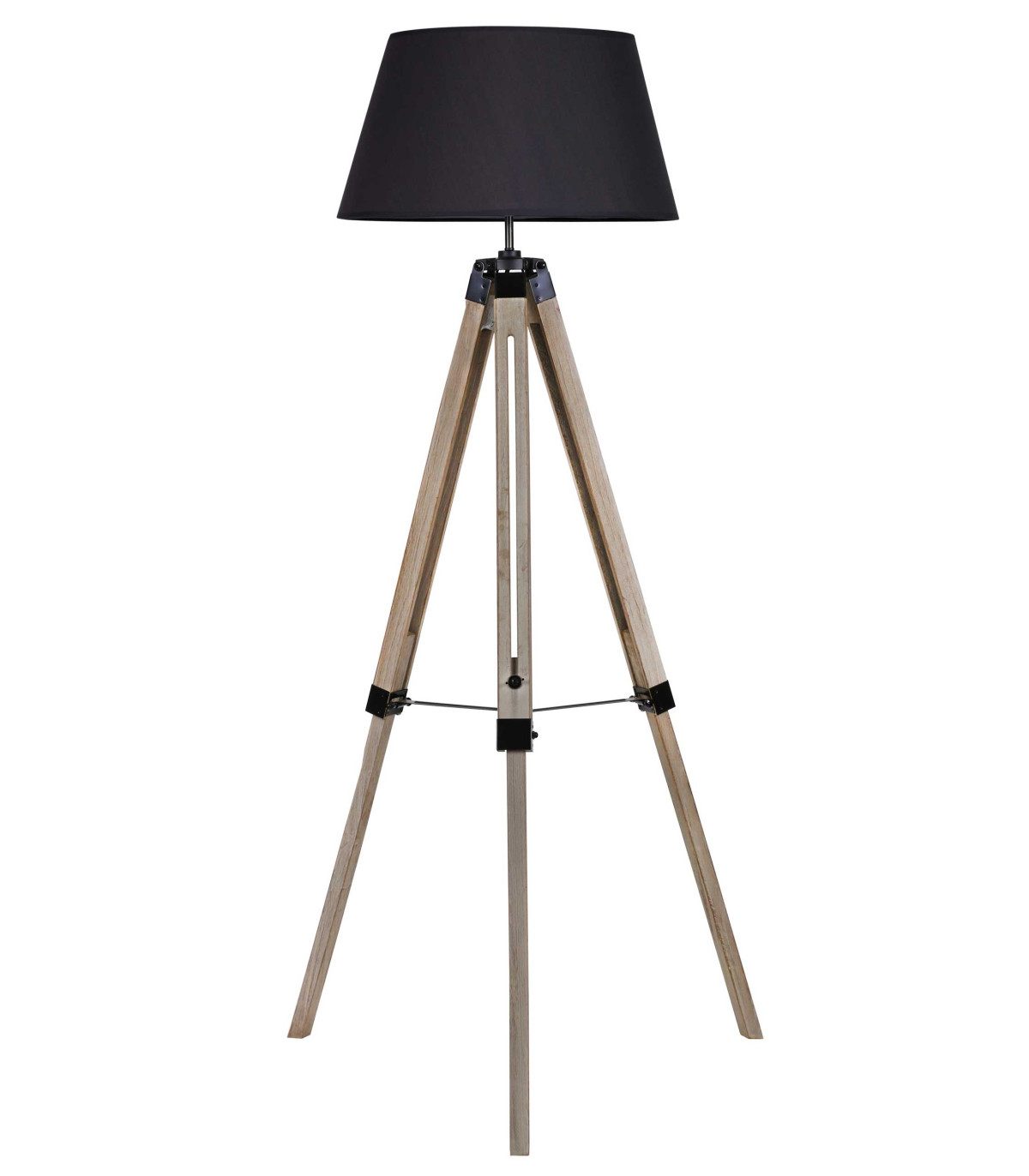 wadiga Lampadaire Trépied Bois Abat-jour Noir