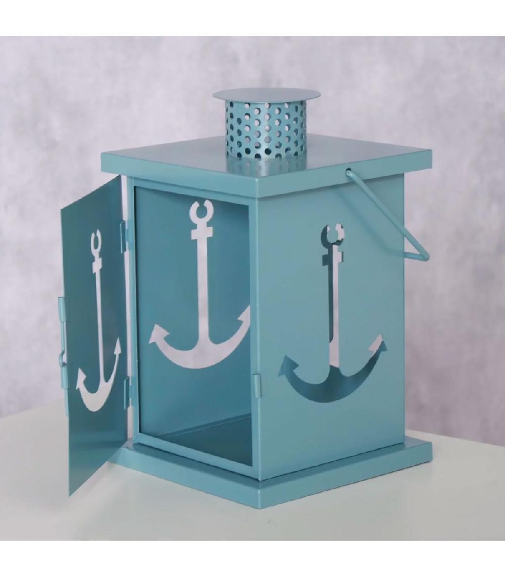 Wadiga Lanterne Métal Bleu Ancres 15x14x23cm