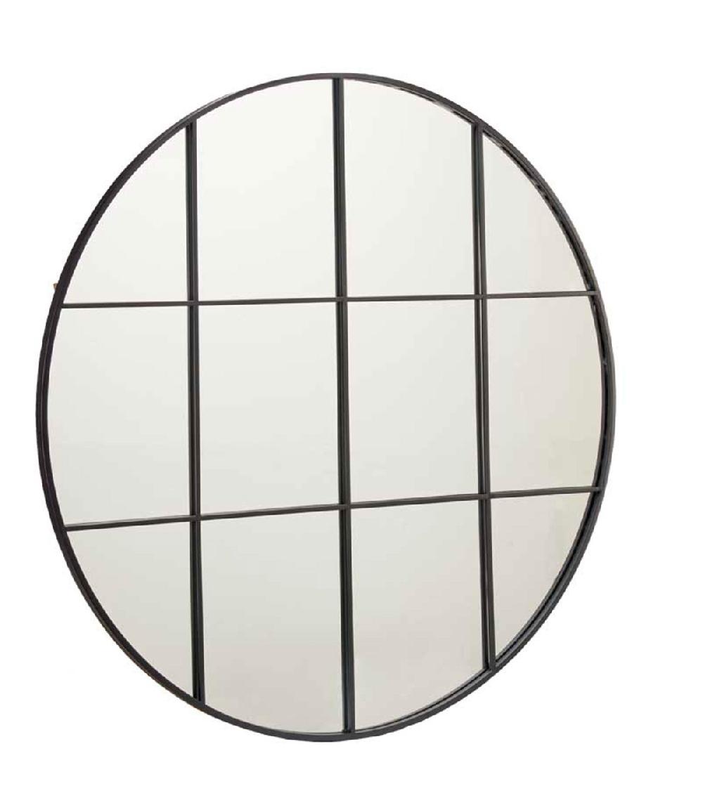 wadiga Miroir mural fenêtre rond métal noir 100cm