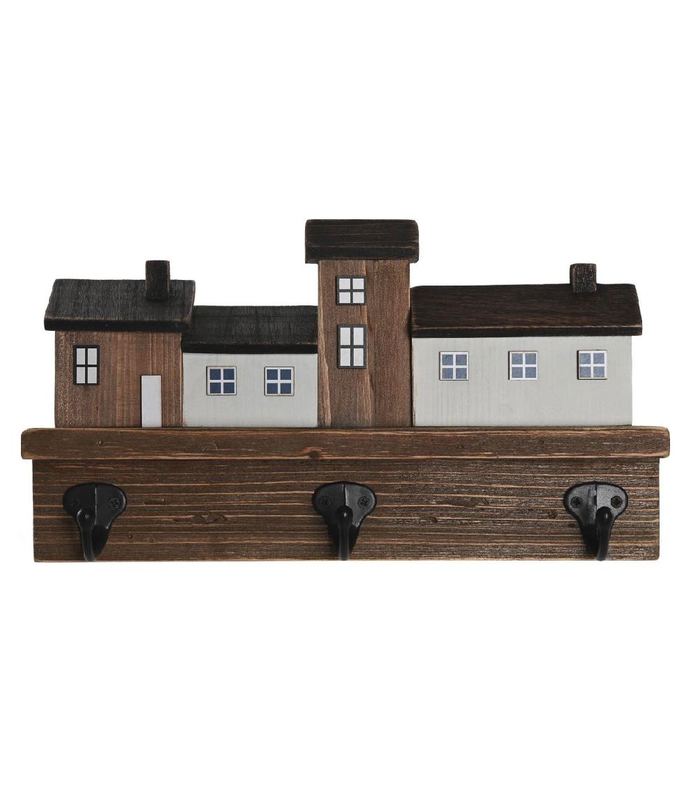 wadiga Portemanteau mural bois maisons 30x5x17cm