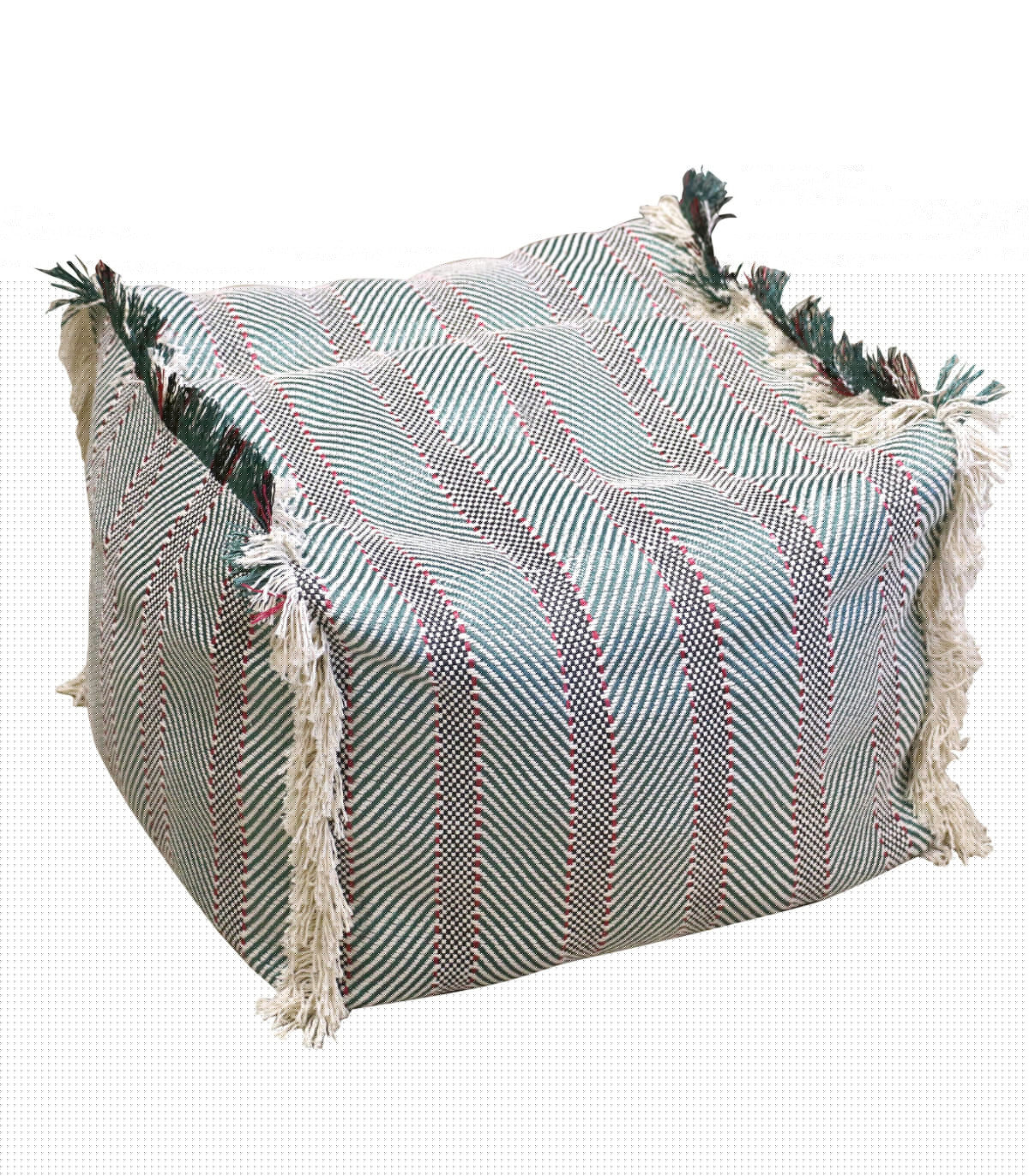 wadiga Pouf à franges vert et rouge - 46x46x35cm