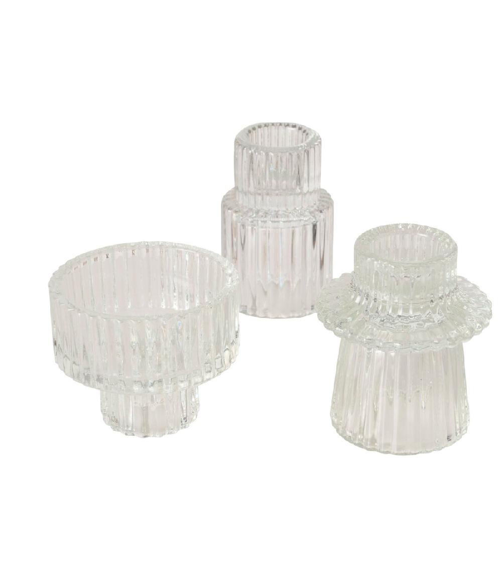 wadiga Set de 3 bougeoirs en verre strié 6x6x7cm