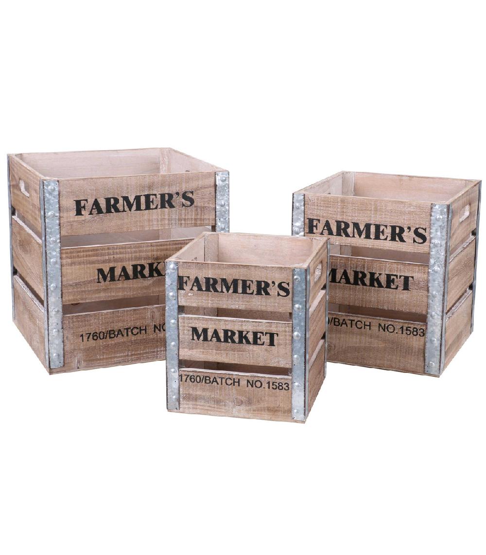 wadiga Set de 3 Caisses en Bois et Métal Farmers