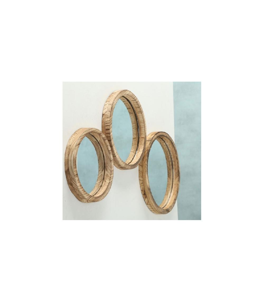 Wadiga Set De 3 Miroirs Décoratifs Ronds En Bois